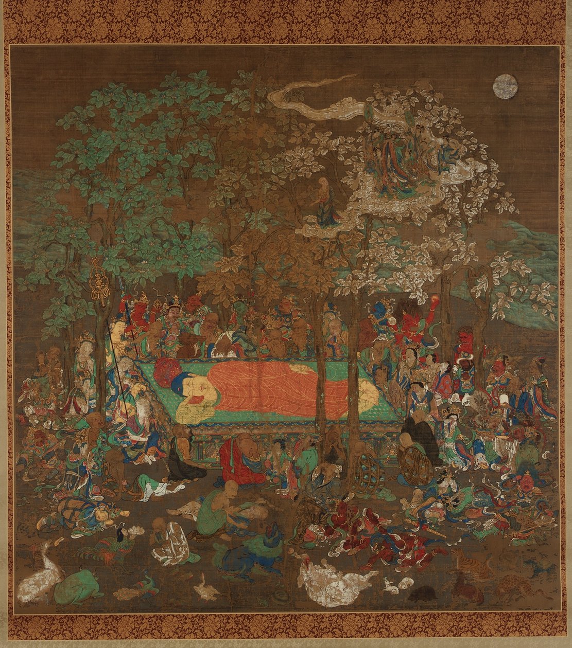 Buddhas Nirvana, Kamakura-perioden (blæk, farve, guld og sølv på silke) af Japanese School