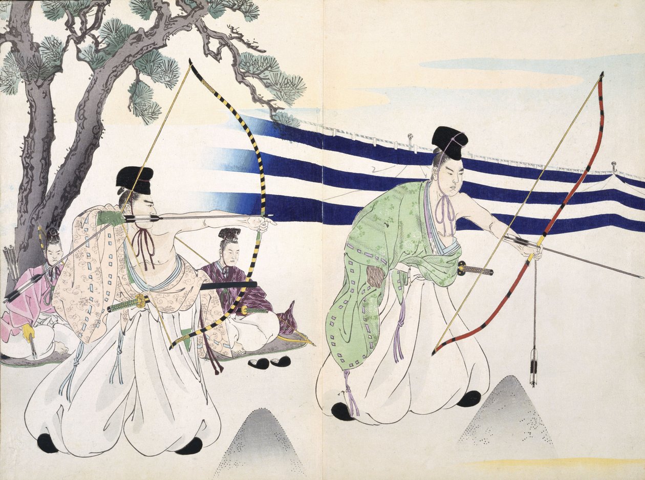 Adelsmænd dyrker bueskydning (detaljeret se 255314), 1800-tallet, fra et album af træsnit, farvet træbloktryk af Japanese School