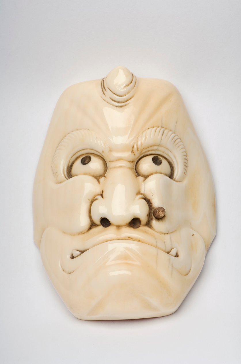 Okimono maske udskåret som en karakter fra Kabuki eller andet teater af Japanese School