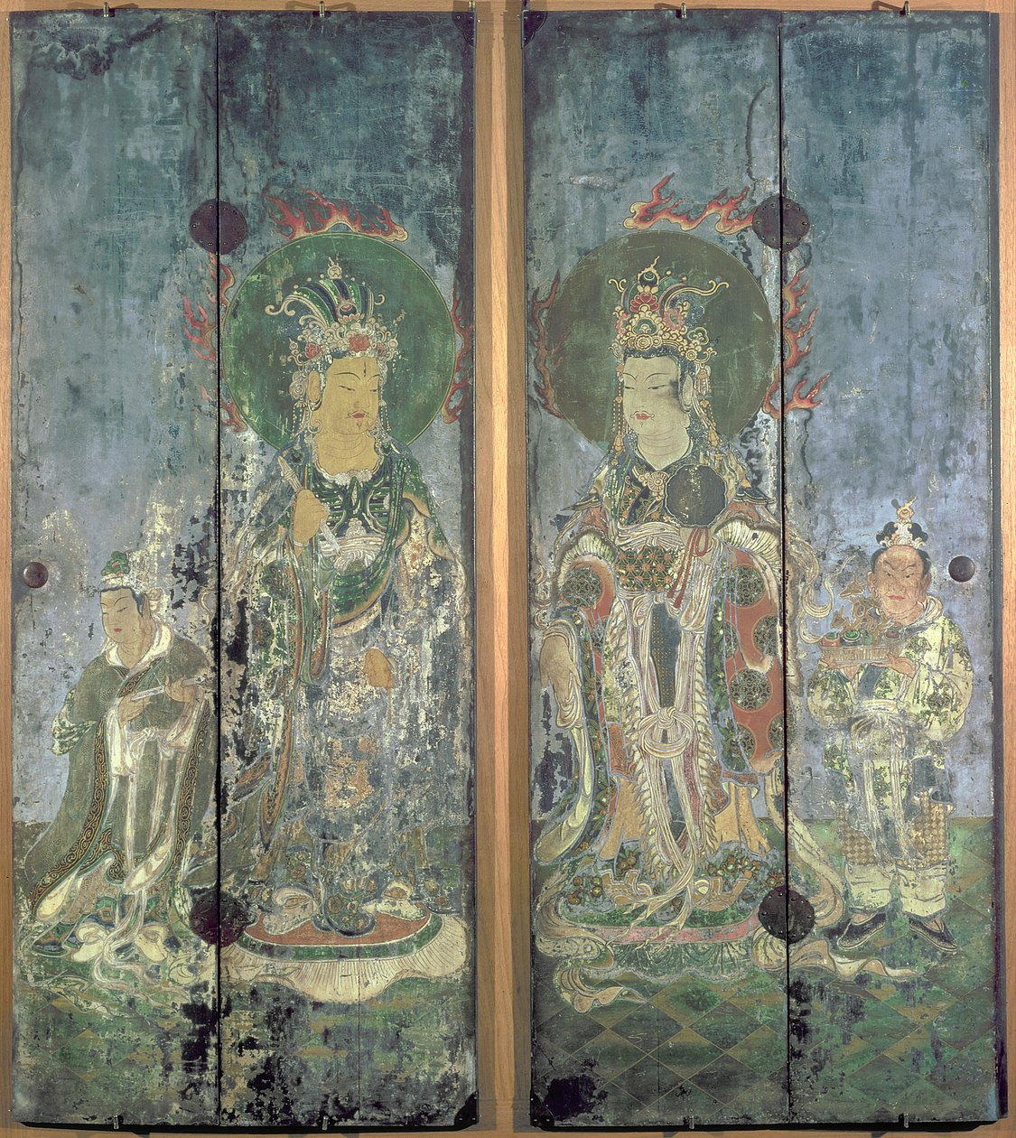 En af et par helligdomsdøre, der forestiller Brahma og Indra eller Bonten og Taishakuten, Muromachi-perioden (polykrom og forgyldt træ over lak) af Japanese School