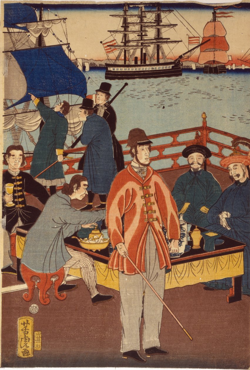 Et print af triptykon, der viser europæiske købmænd, der tager en forfriskning med japansk. I baggrunden ses skibe i Yokohama havn, Japan af Japanese School