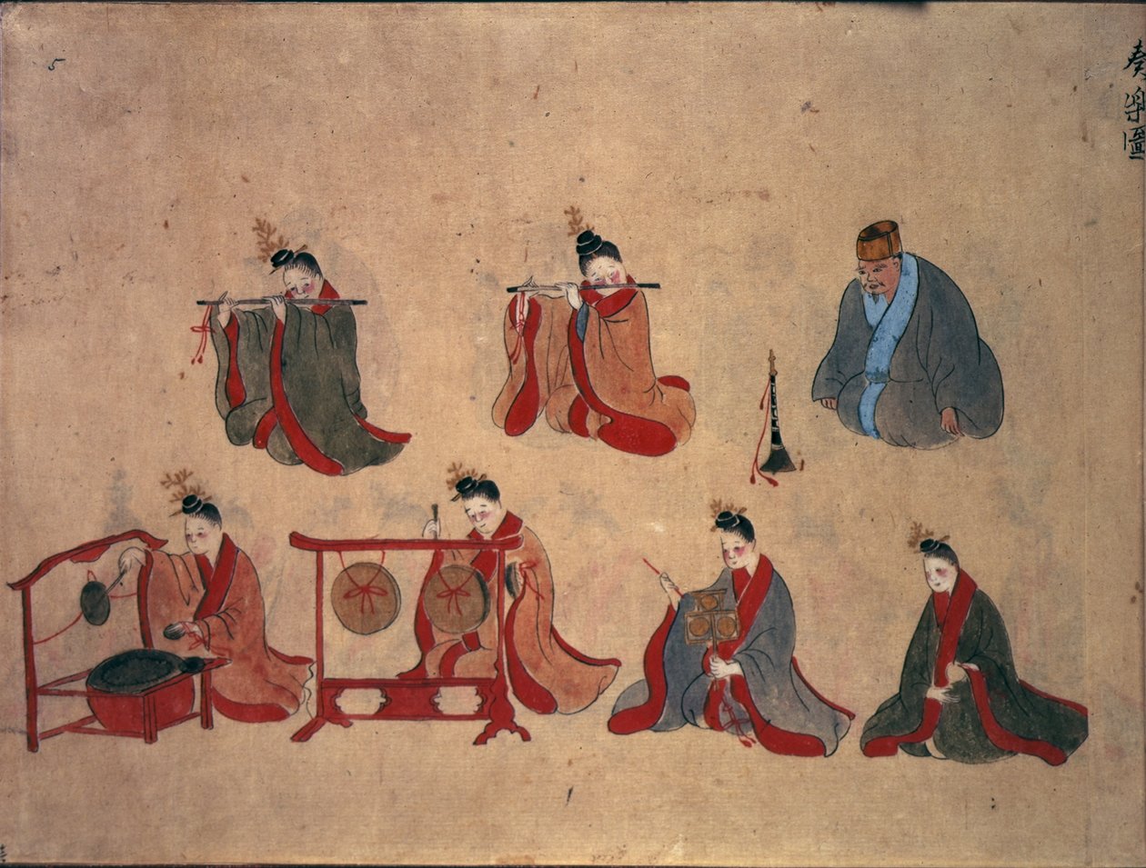 Or.961 fol.5 Syv siddende musikere, fra Ryukyu