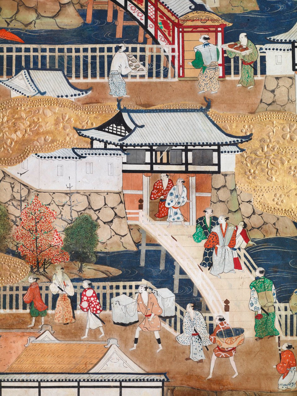 Osakazu Byobu - Japansk foldeskærm med otte paneler (maleri) af Japanese School