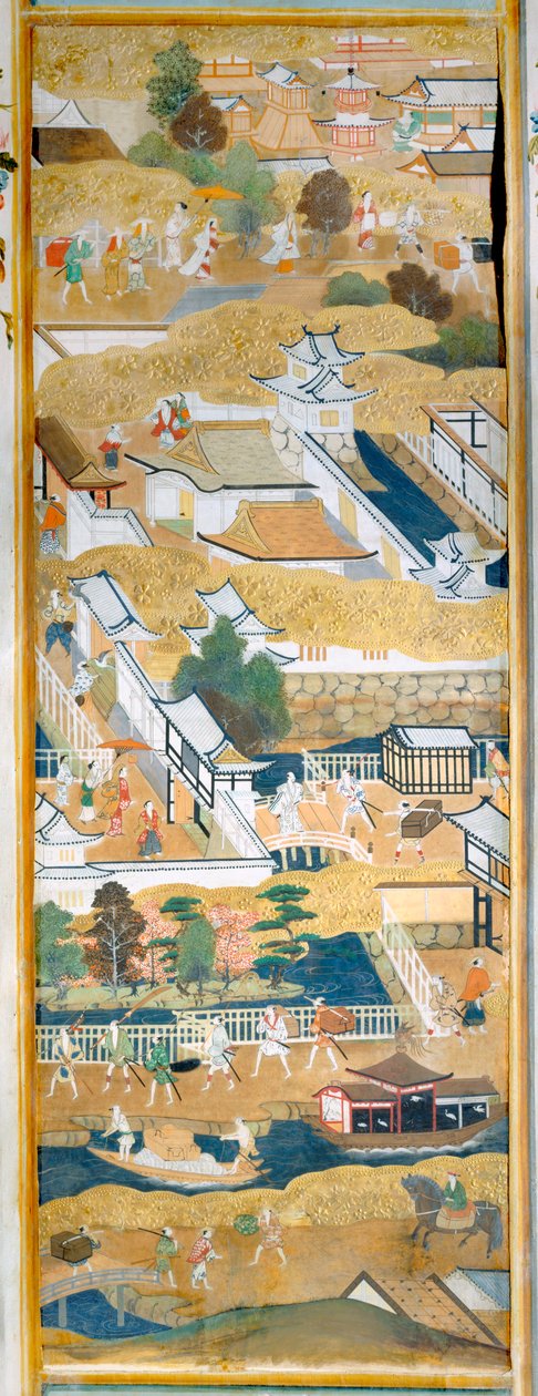 Osakazu Byobu - Japansk foldeskærm med otte paneler (maleri) af Japanese School