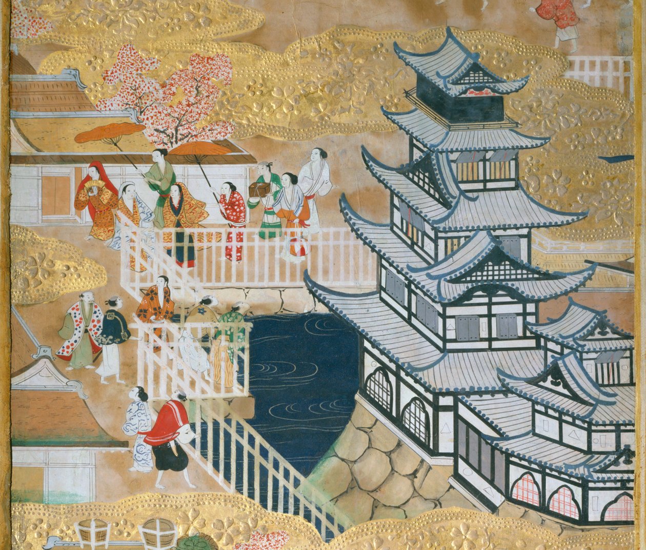 Osakazu Byobu - Japansk foldeskærm med otte paneler (maleri) af Japanese School