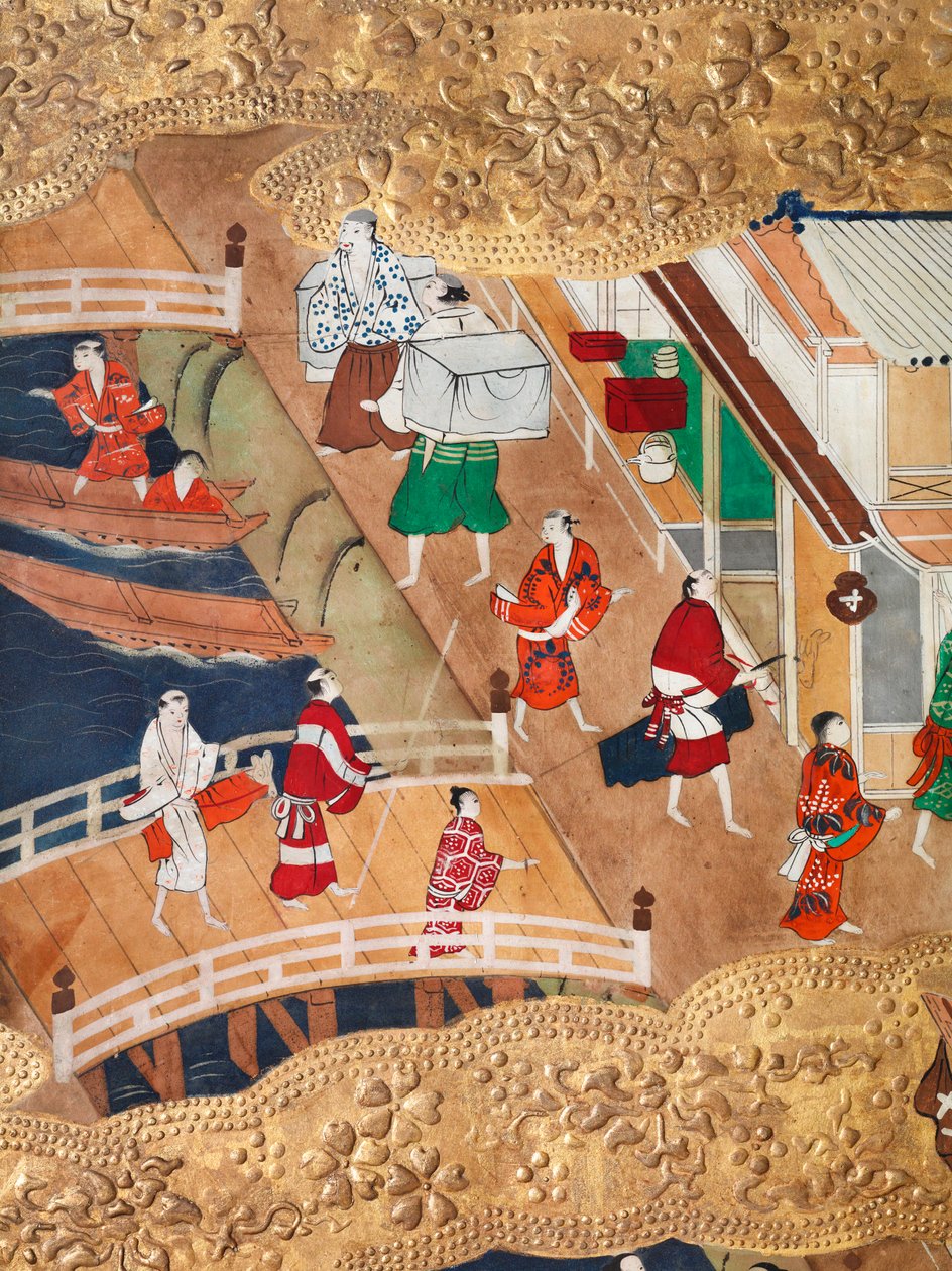 Osakazu Byobu - Japansk foldeskærm med otte paneler (maleri) af Japanese School