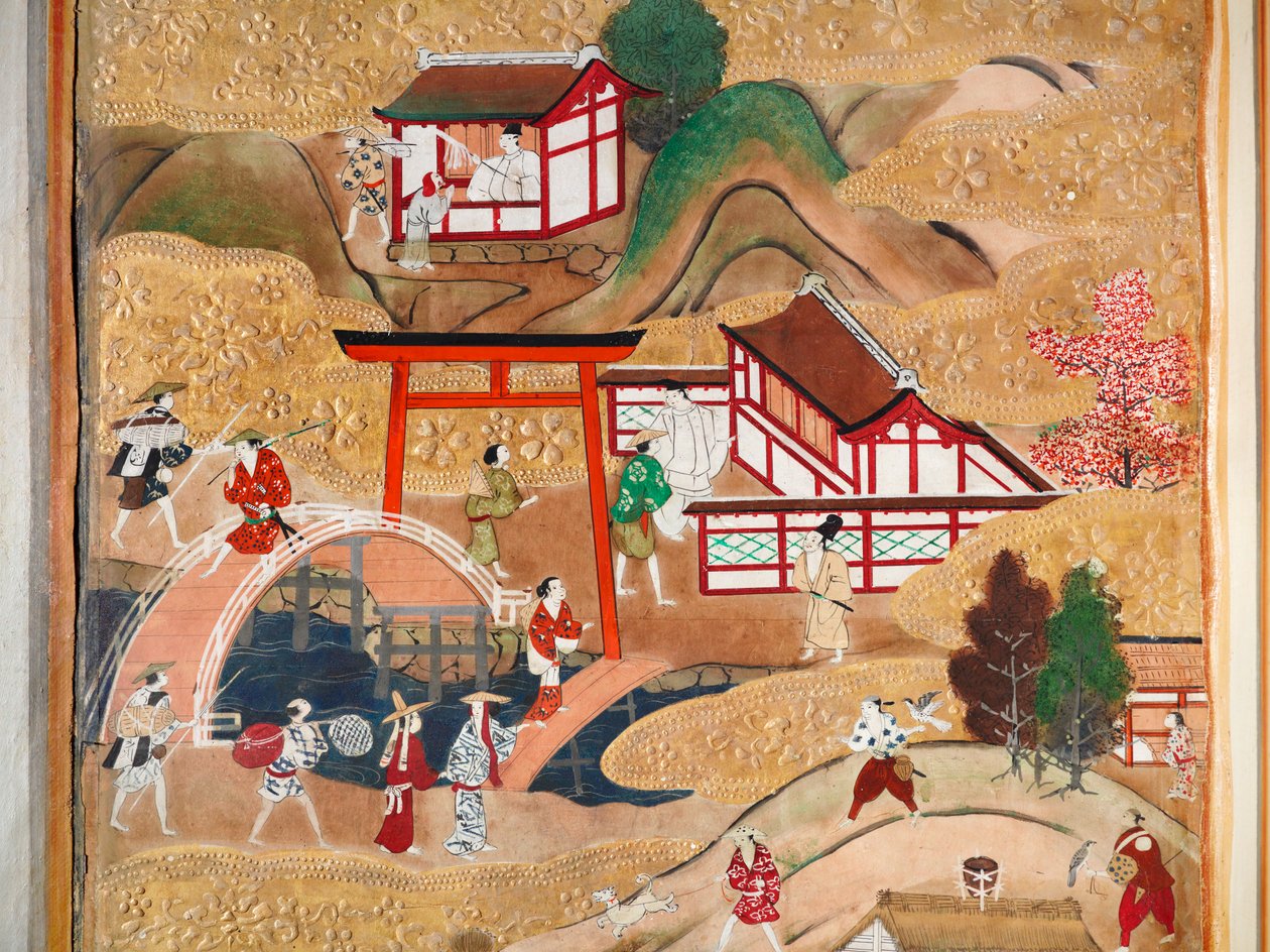 Osakazu Byobu - Japansk foldeskærm med otte paneler (maleri) af Japanese School