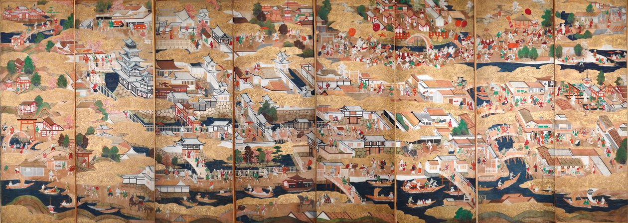 Osakazu Byobu - Japansk foldeskærm med otte paneler (maleri) af Japanese School