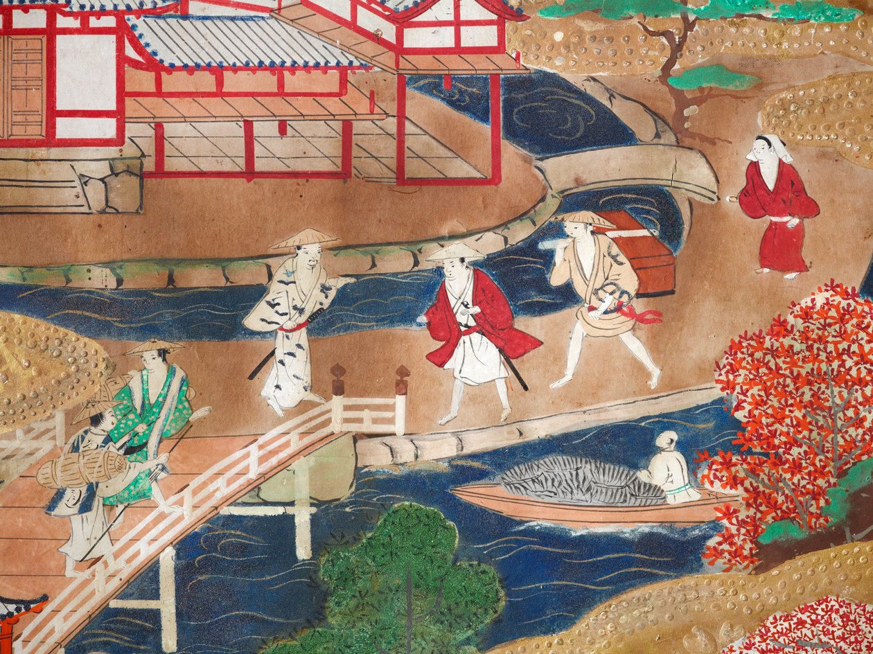 Osakazu Byobu - Japansk foldeskærm med otte paneler (maleri) af Japanese School