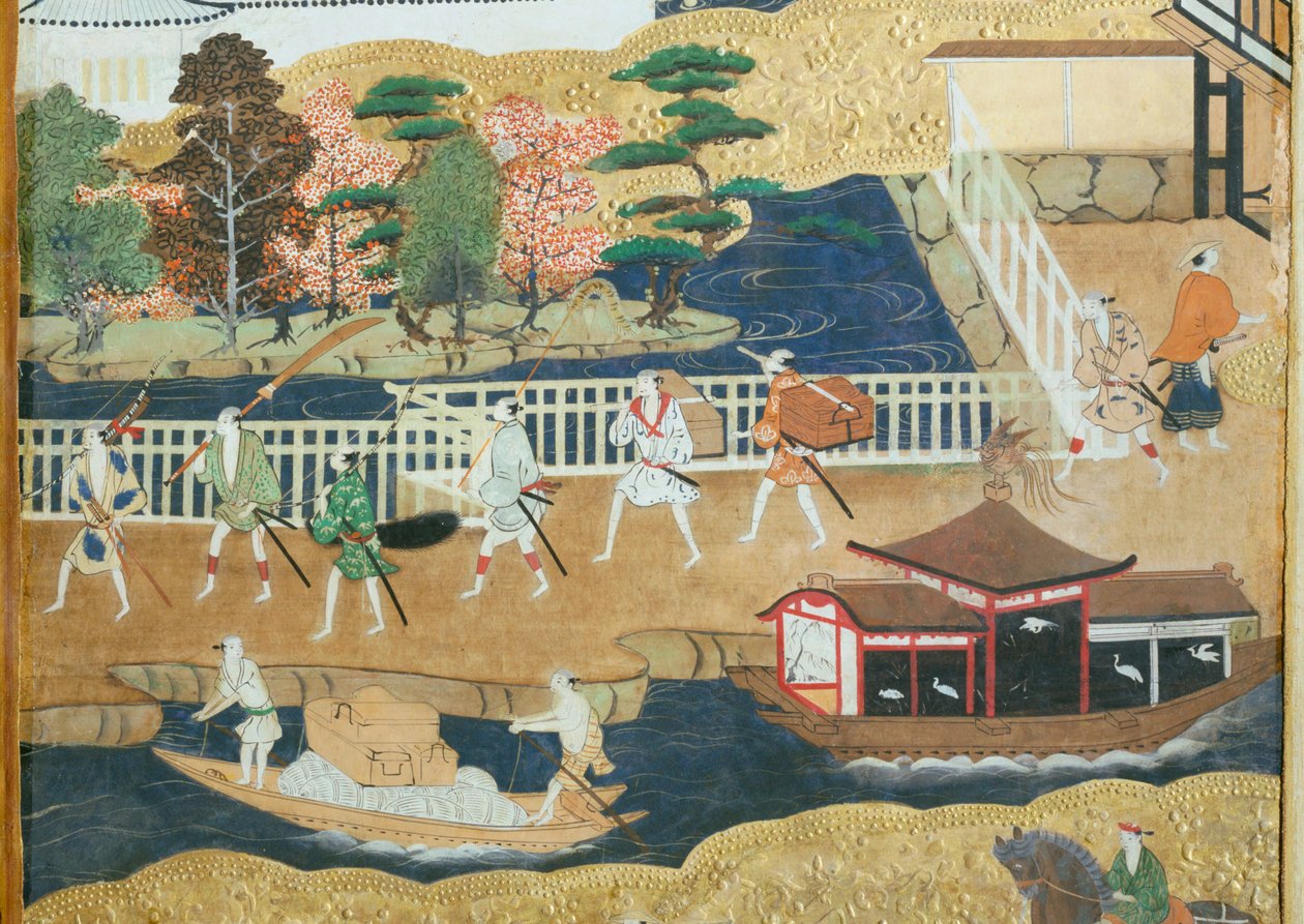 Osakazu Byobu - Japansk foldeskærm med otte paneler (maleri) af Japanese School