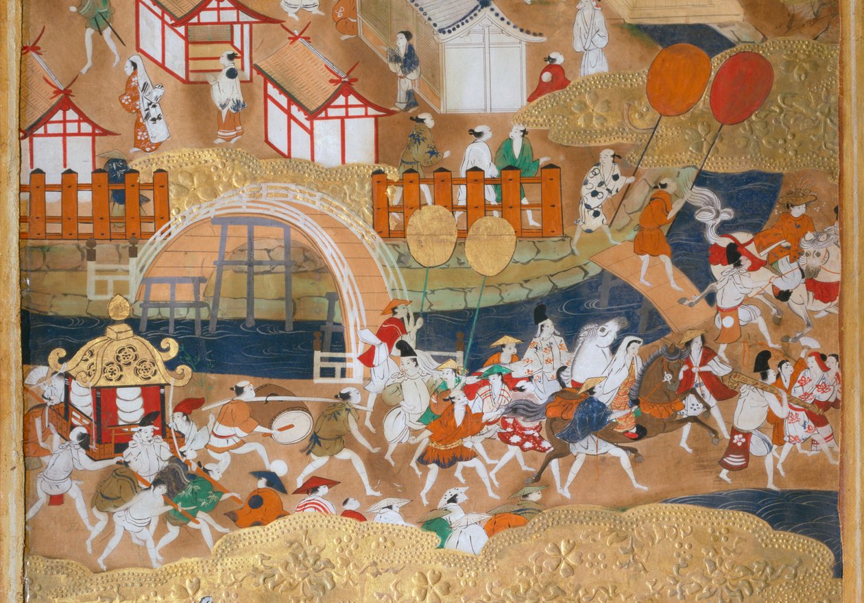 Osakazu Byobu - Japansk foldeskærm med otte paneler (maleri) af Japanese School