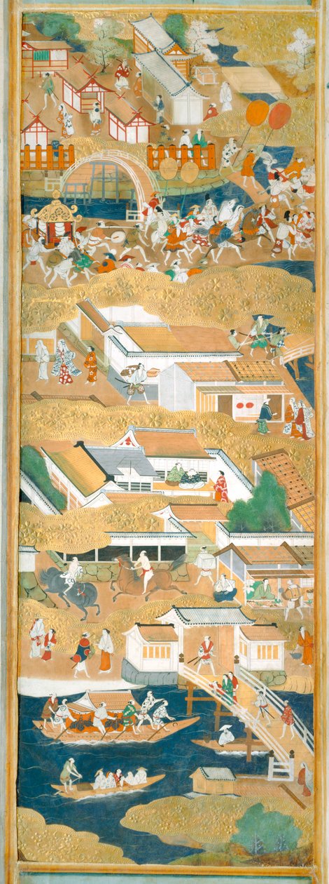 Osakazu Byobu - Japansk foldeskærm med otte paneler (maleri) af Japanese School