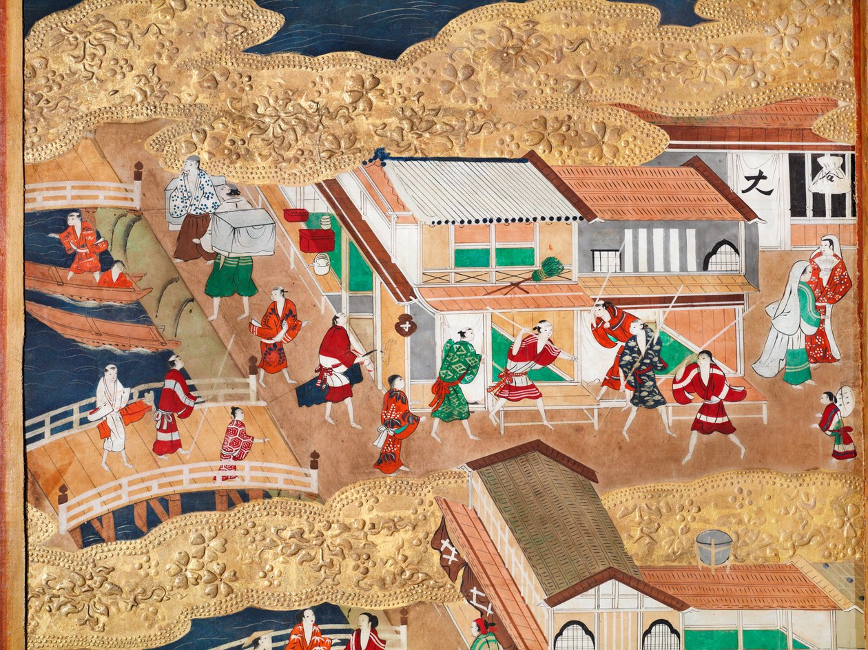 Osakazu Byobu - Japansk foldeskærm med otte paneler (maleri) af Japanese School