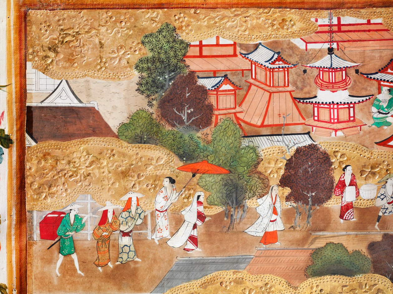 Osakazu Byobu - Japansk foldeskærm med otte paneler (maleri) af Japanese School