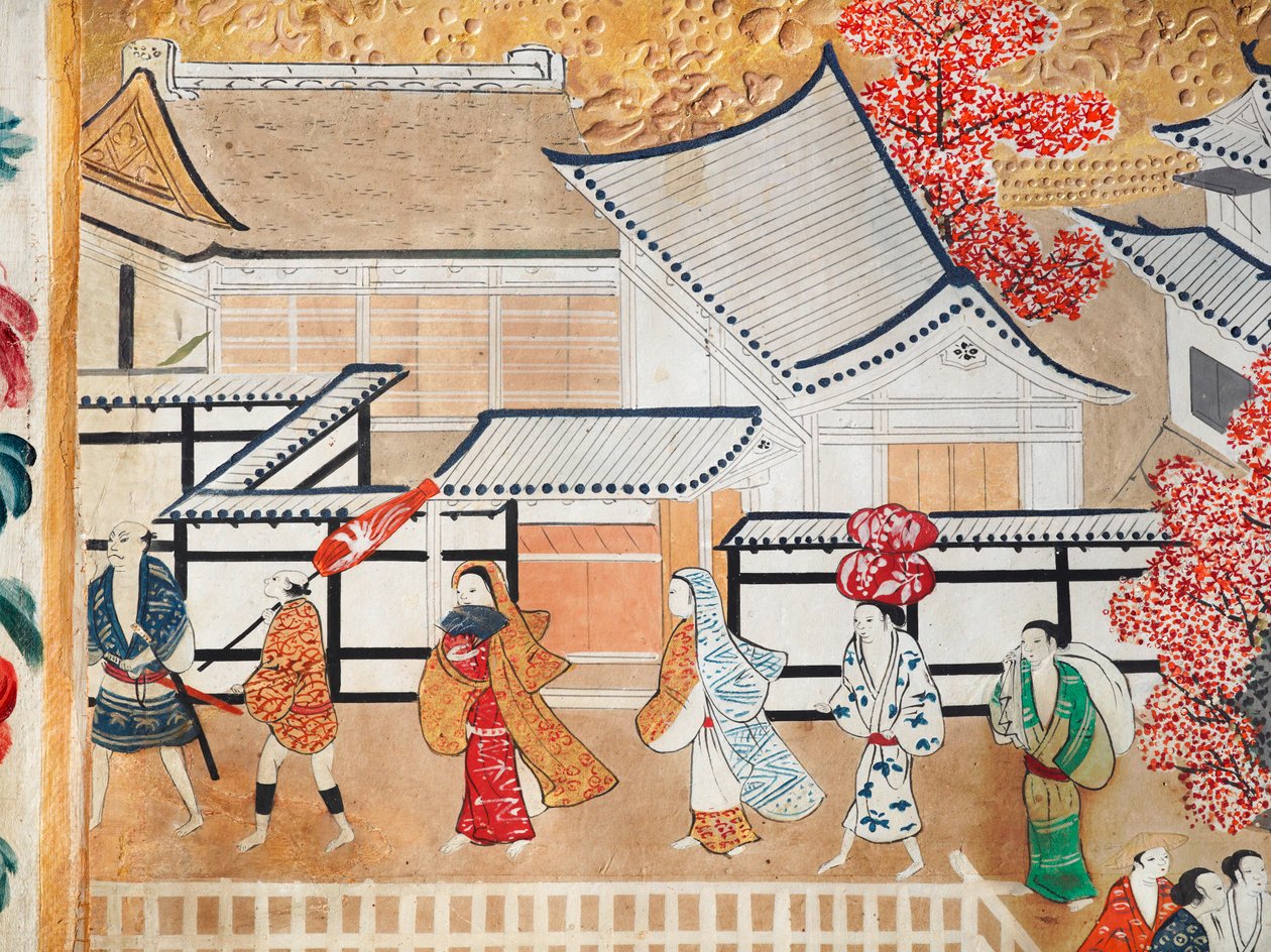 Osakazu Byobu - Japansk foldeskærm med otte paneler (maleri) af Japanese School