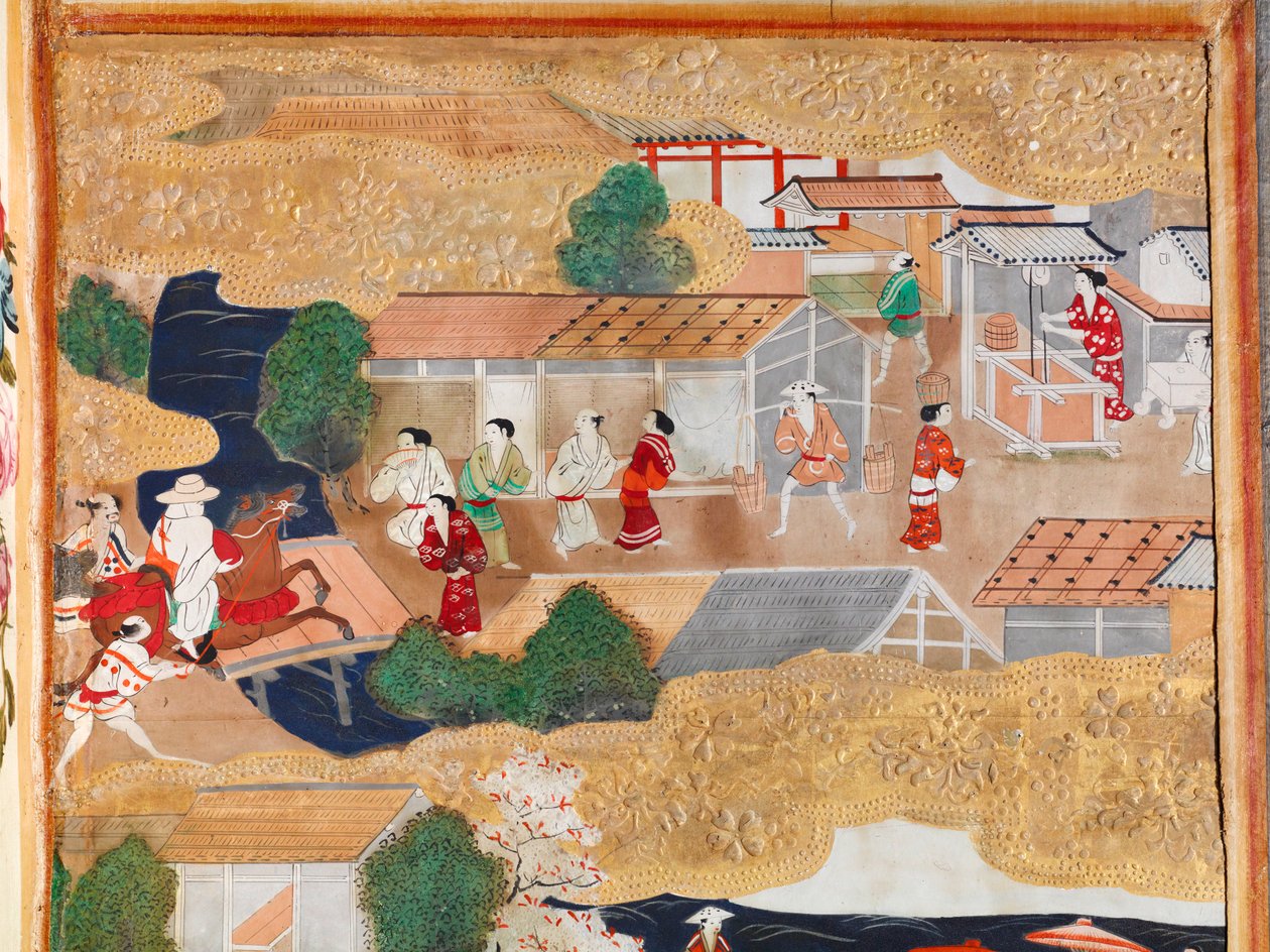 Osakazu Byobu - Japansk foldeskærm med otte paneler (maleri) af Japanese School