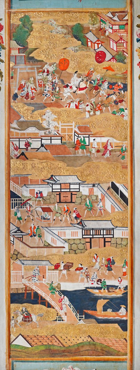 Osakazu Byobu - Japansk foldeskærm med otte paneler (maleri) af Japanese School