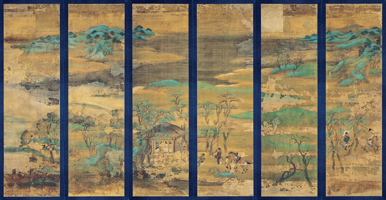 Paysage (Landskab) Skærm i seks paneler - Anonymt arbejde, gouache på silke af Japanese School