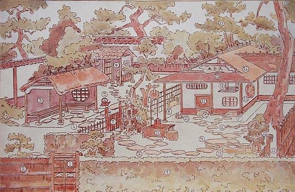 Plan over en tehave, slutningen af det 19. århundrede (farve litho) af Japanese School