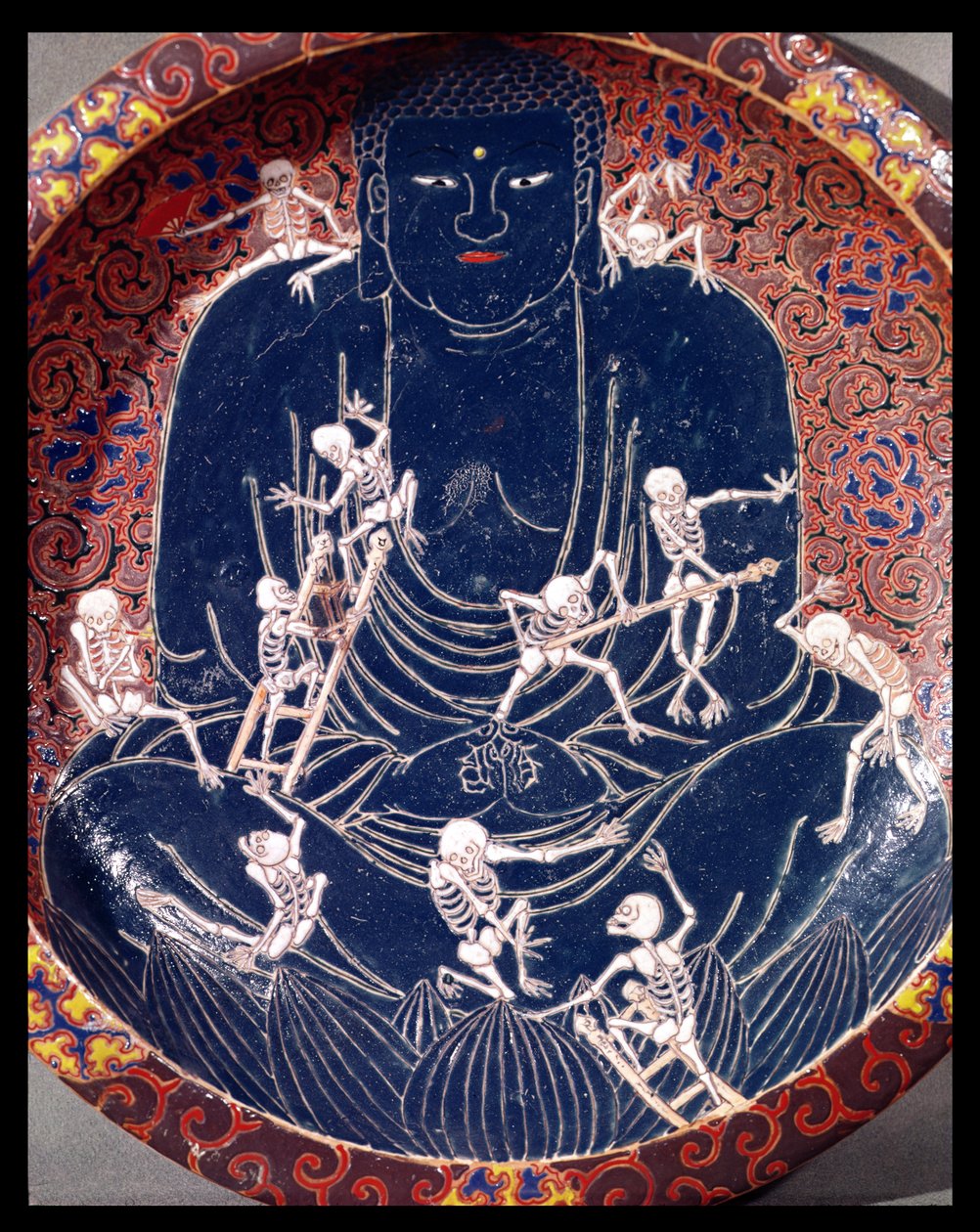 Plade, der forestiller Buddha med ti skeletter (keramik) (detalje) (se også 182441) af Japanese School