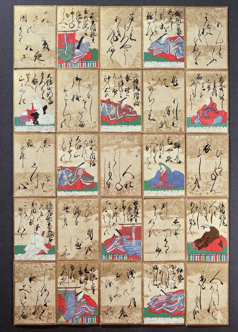 Spillekort med 100 digtere og digte, solgt på Exposition Universelle i Paris i 1867 (pen og blæk på papir) af Japanese School
