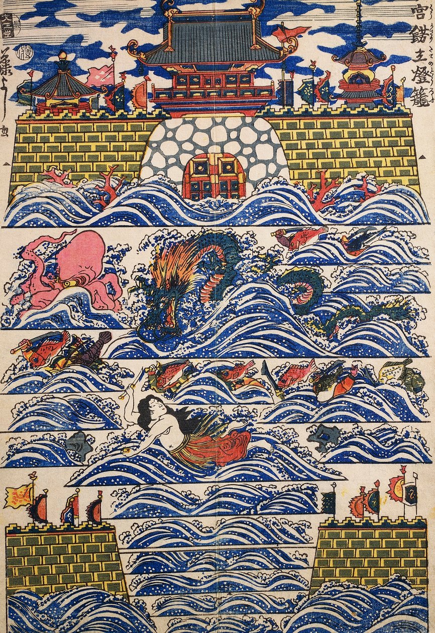 Havn, hvorpå brusende bølger af havet, dekorativt panel af Japanese School