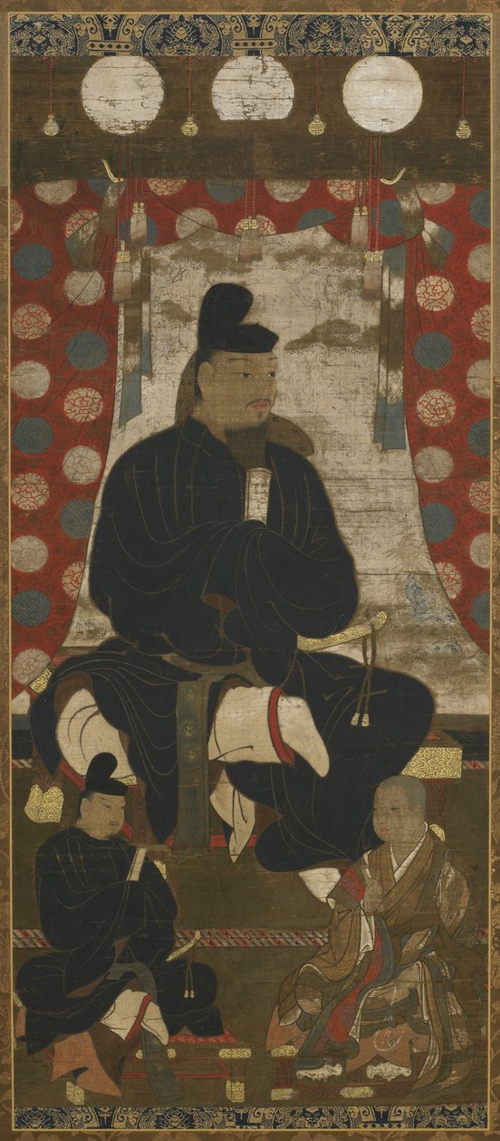 Portræt af Fujiwara no Kamatari (614-669) ledsaget af to sønner, Muromachi-perioden (blæk, farve og guld på silke) af Japanese School