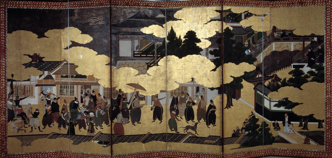 "Portugisisk" skærm: en repræsentation af portugisiske jesuitiske missionærers ankomst til Japan i det 16. århundrede. Realiseret af Kano Skolen (?). 1593-1600. Lissabons museum for antikke kunst af Japanese School