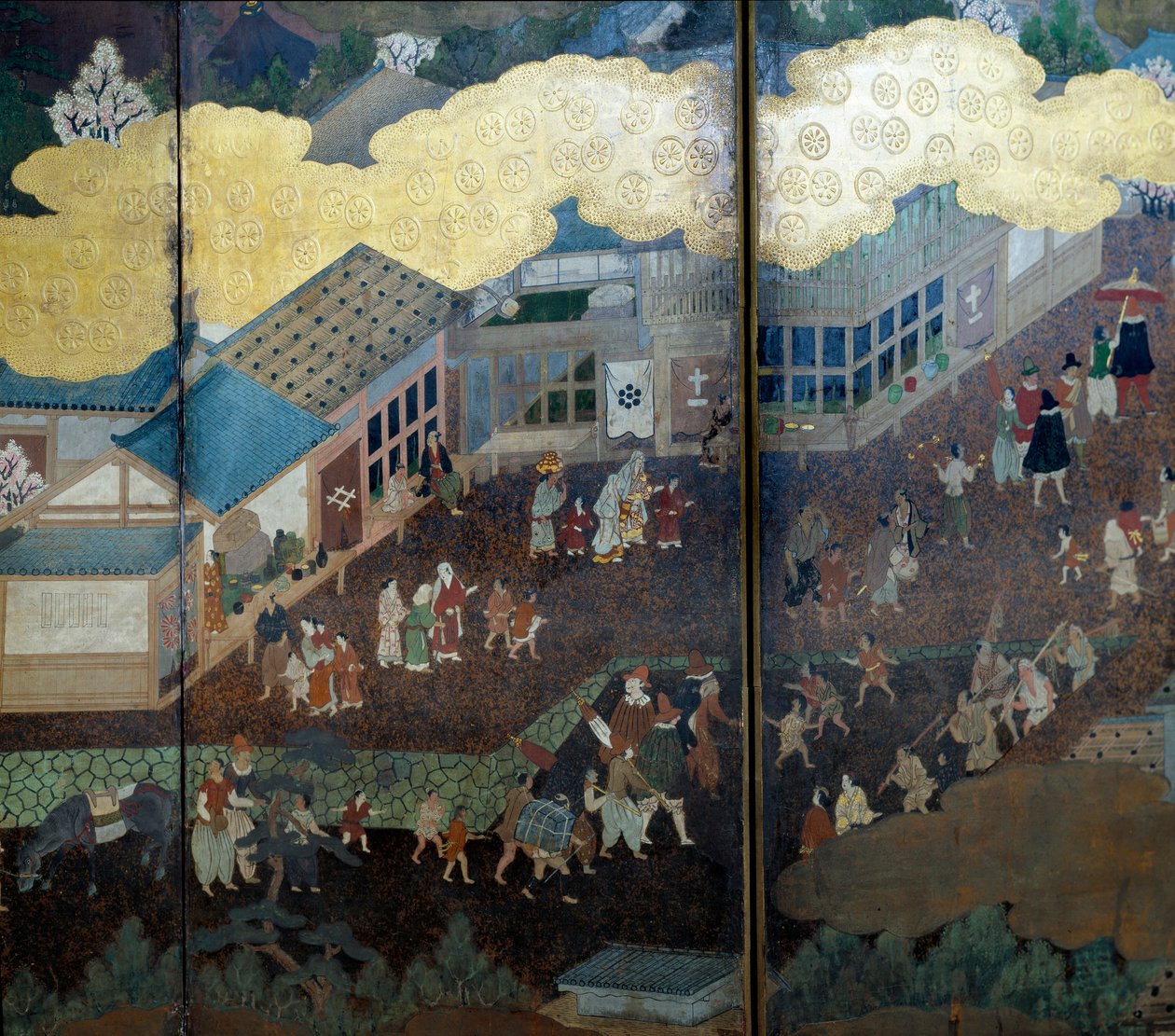 "Portugisisk" skærm: en repræsentation af portugisiske jesuitiske missionærers ankomst til Japan i det 16. århundrede. Detalje. Realiseret af Kano Skolen (?). 1593-1600. Lissabons museum for antikke kunst af Japanese School