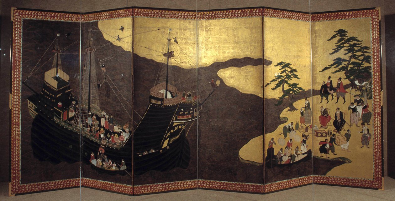 "Portugisisk" skærm, der repræsenterer ankomsten af portugisiske jesuitiske missionærer til Japan i det 16. århundrede. 1590-1614. Kano Skole (?) Lissabon. Nationalmuseet for oldtidskunst af Japanese School