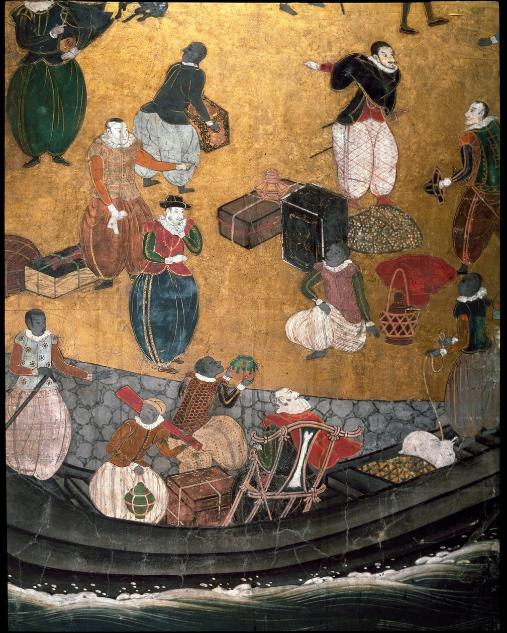 “Portuguese” screen representing the arrival of Jesuit Portuguese missionaries in Japan in the 16th century - 1590-1614 - Detail representing the barkment of foodstuffs - Namban Schooldani af Japanese School