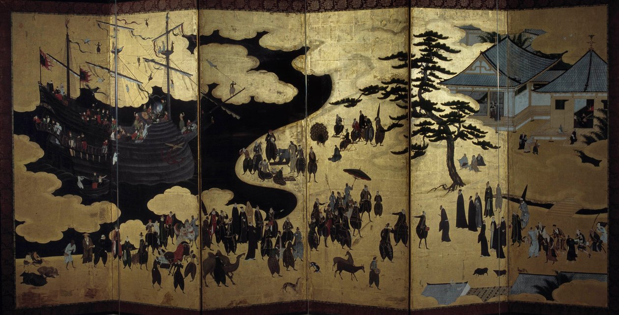 "Portugisisk" skærm, der repræsenterer ankomsten af portugisiske jesuitermissionærer til Japan i det 16. århundrede. 1590-1614. Kano Skole (?) Lissabon. Nationalmuseet for oldtidskunst af Japanese School