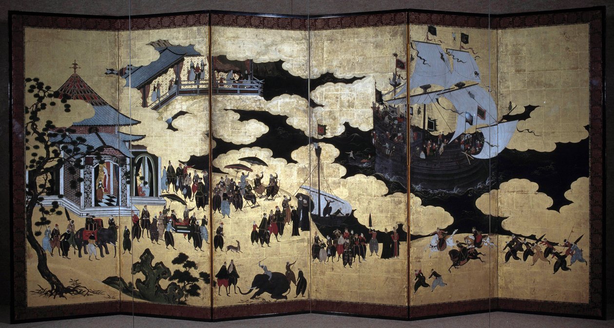 "Portugisisk" skærm, der repræsenterer ankomsten af portugisiske jesuitermissionærer til Japan i det 16. århundrede. 1590-1614. Kano Skole (?) Lissabon. Nationalmuseet for oldtidskunst af Japanese School