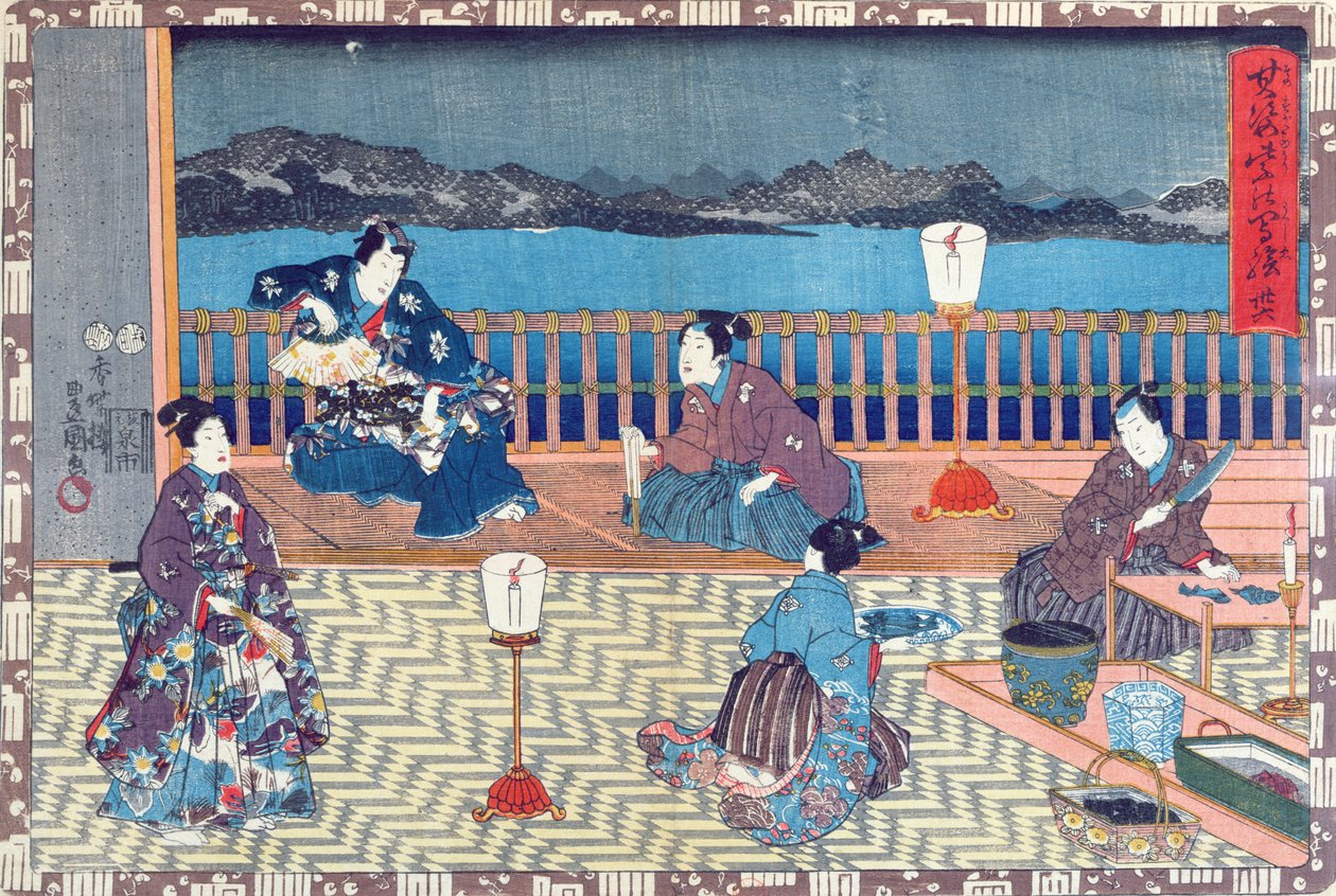 Klargøring af fisk (farvet træsnit) af Japanese School