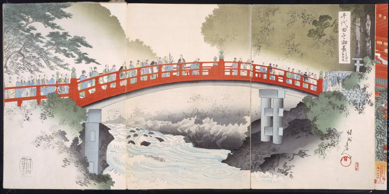 Procession over en flod ind i et tempel, fra et album af træsnit fra det 19. århundrede (farvet træbloktryk) af Japanese School
