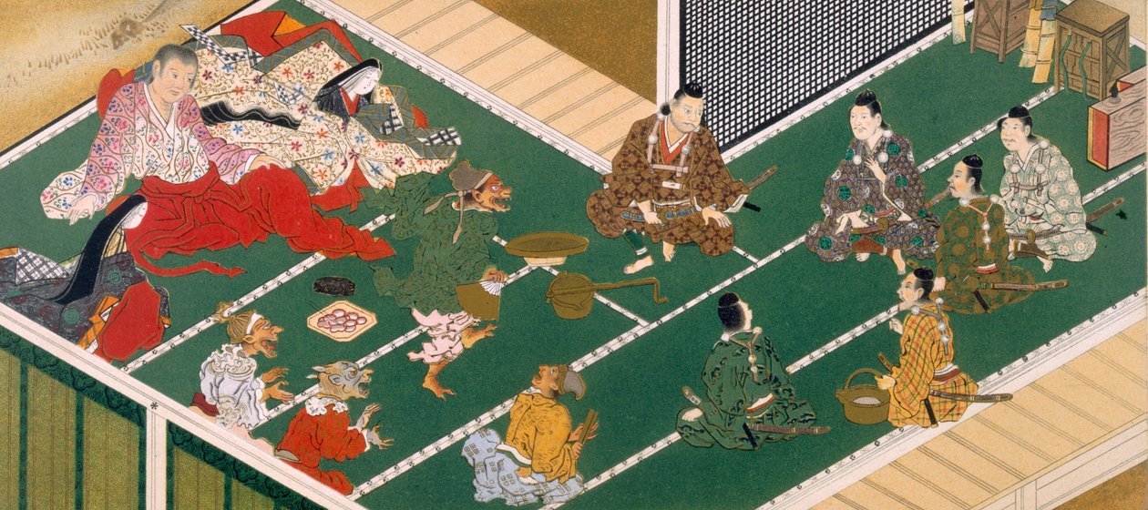 Raiko og hans kammerater før dæmonrøveren (træblok i farver) af Japanese School