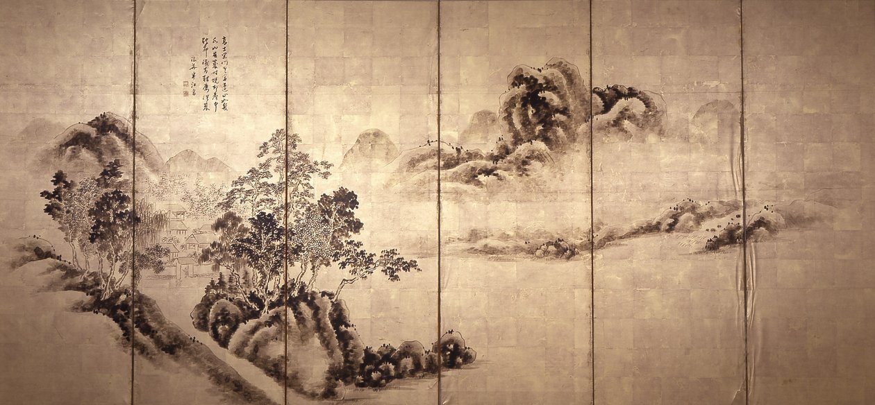 Rekto: Landskab efter Mi Fei, ca. 1810 (blæk på bladguld) af Japanese School
