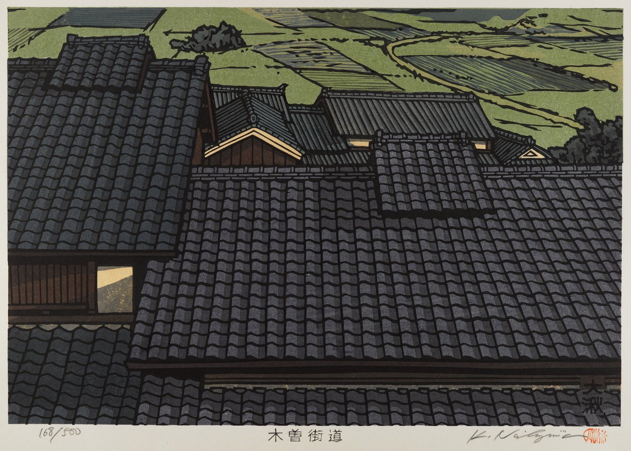 Rooftop fra serien Kisokaido (farvet træbloktryk) af Japanese School