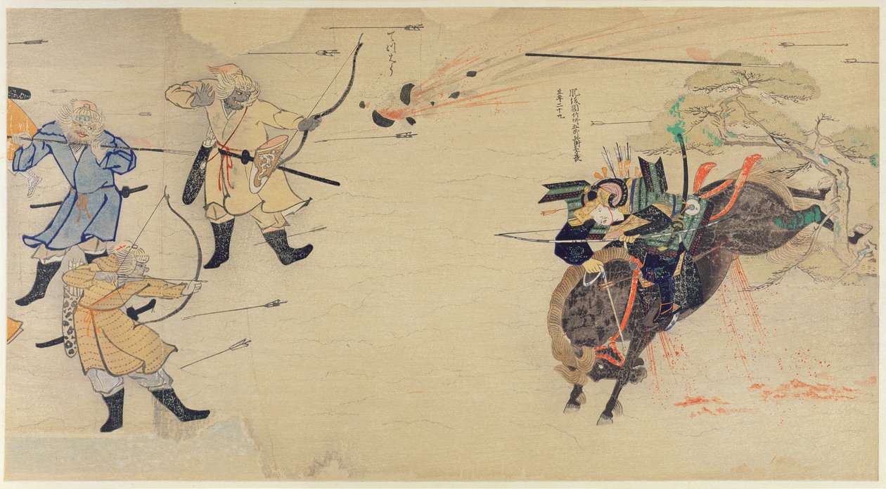 Samurai Takezaki anklager mongolske angribere, da granater eksploderer over hovedet under de mongolske invasioner af Japan i 1274, illustration fra magasinet Kokka, maj 1921 af Japanese School