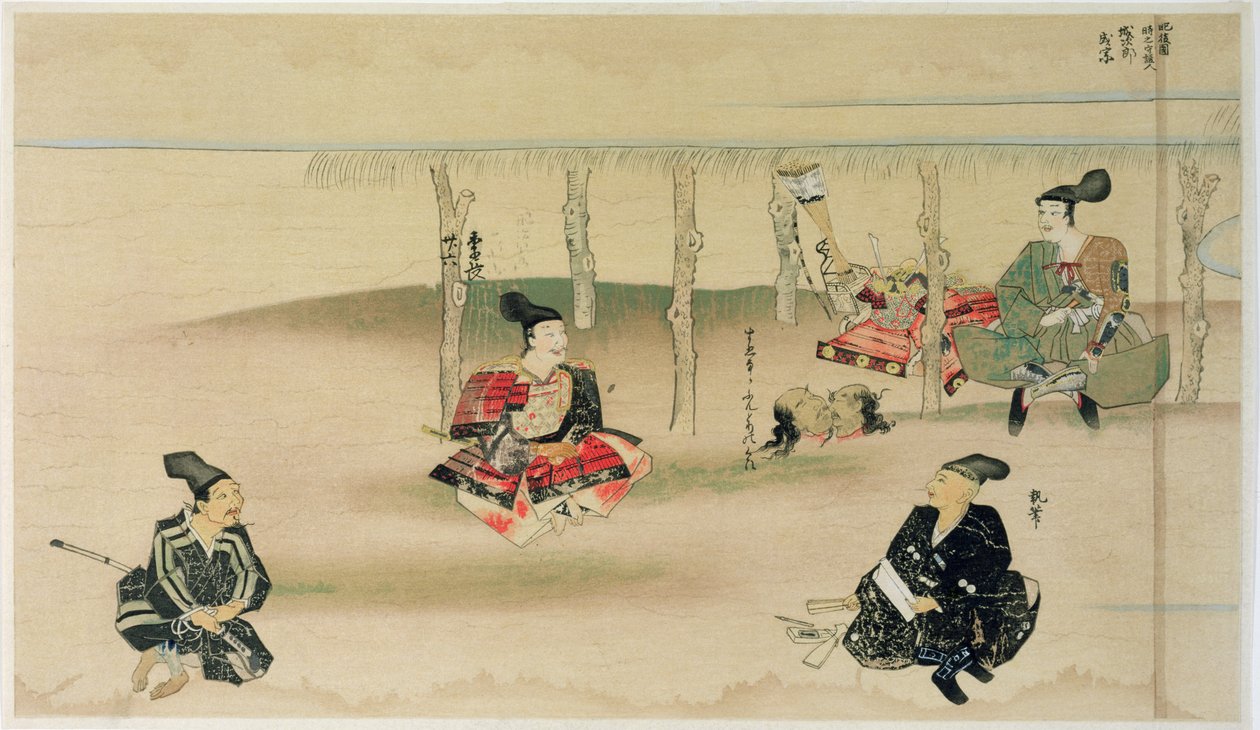 Samurai Takezaki leverer hovederne af to mongolske angribere til Adachi Morinume under den mongolske invasion af Japan i 1274, illustration fra magasinet Kokka, maj 1921 af Japanese School