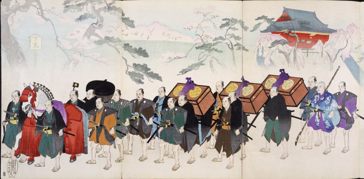 Samurai Warriors on the March, fra et album fra det 19. århundrede med træsnit, håndfarvet træbloktryk af Japanese School