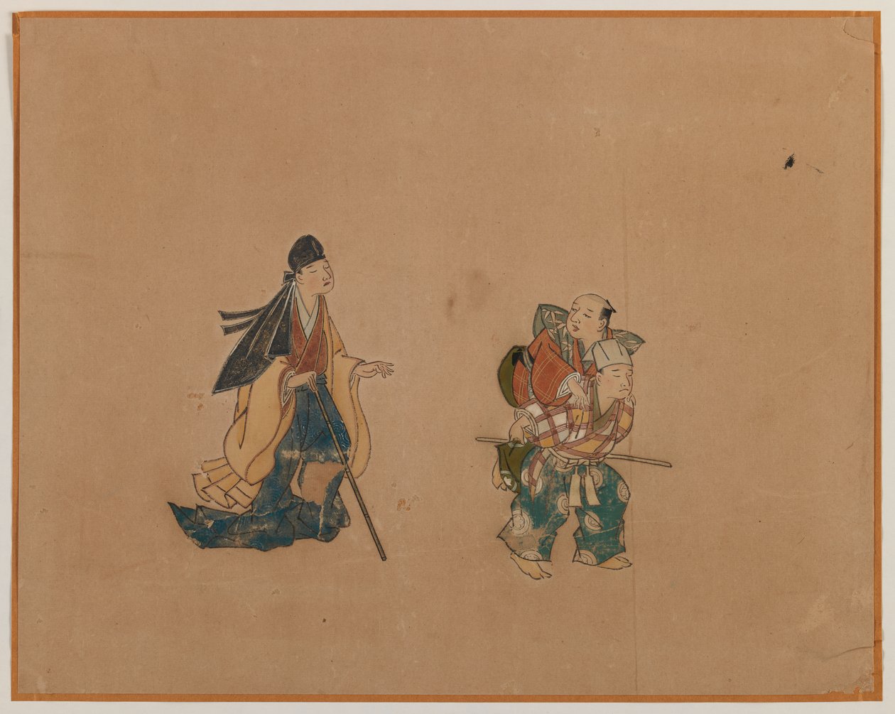 Samurai and Two Blindmen, Album Leaf Painting (blæk og farve på papir) af Japanese School