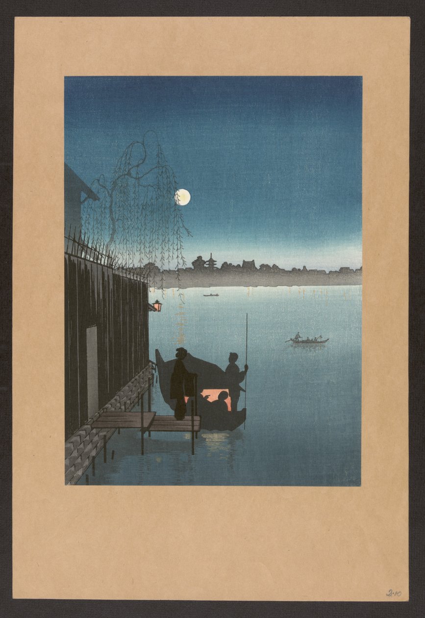 Sanbashi-broen i Fukugawa om natten, ca. 1900-20 (farvetræsnit) af Japanese School