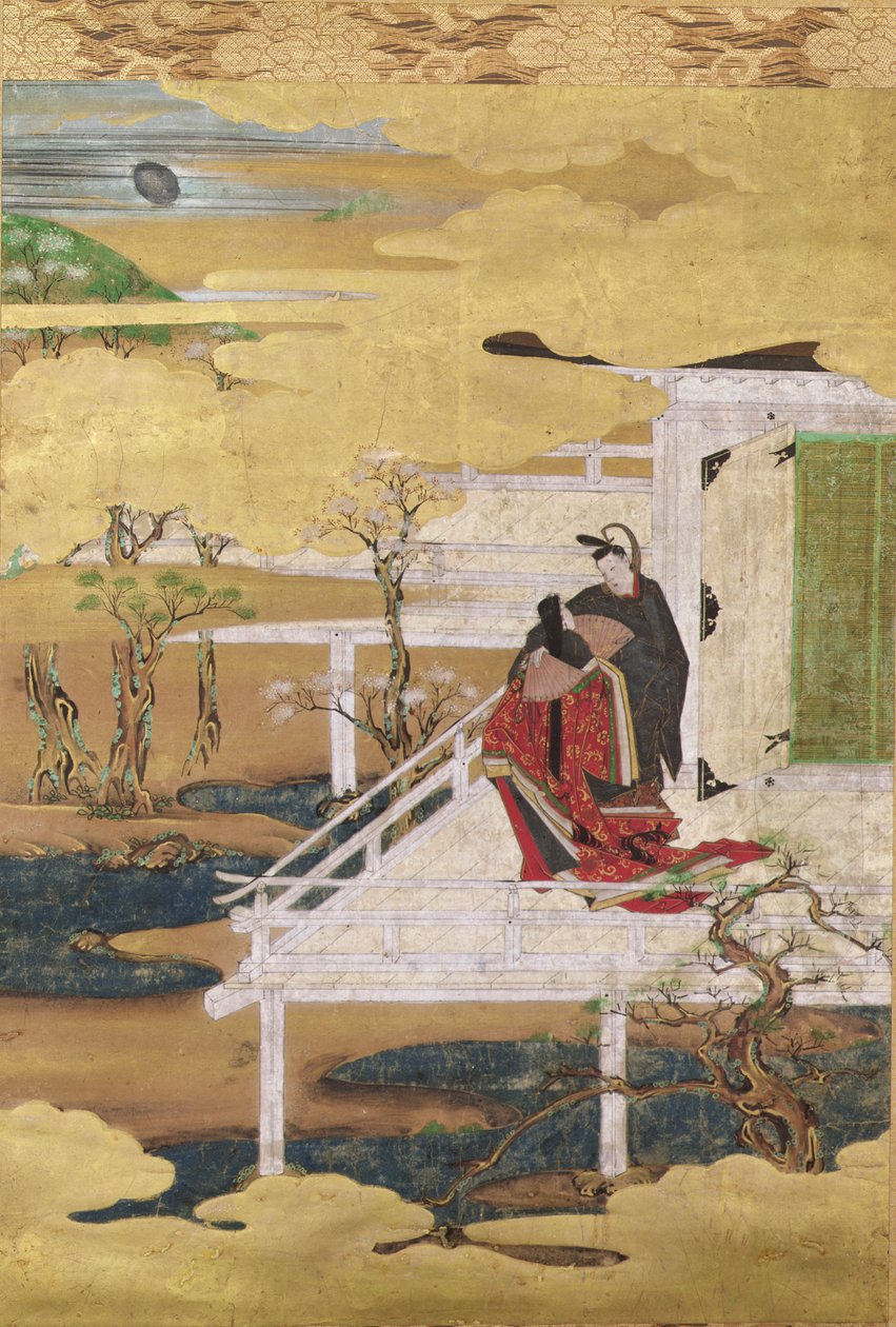 Scene fra Tale of Genji (blækfarve & bladguld på papir) af Japanese School