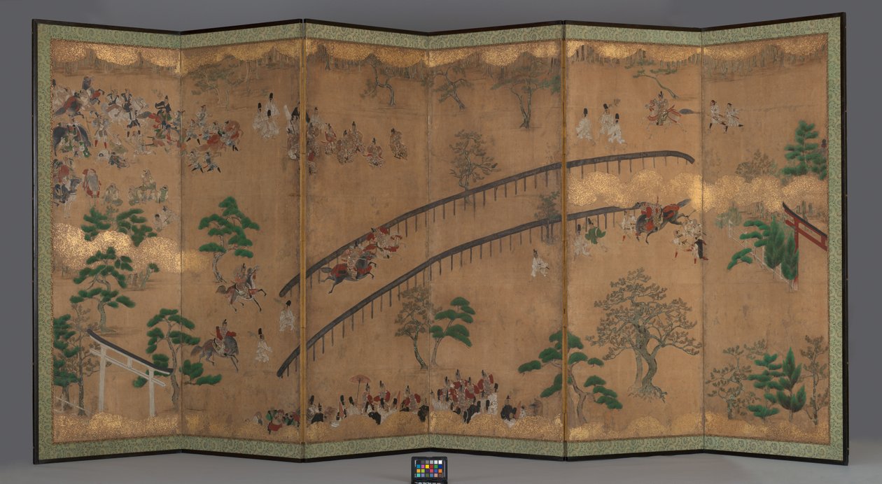 Skærm med seks paneler: Hestevæddeløb på Kamo Helligdom, begyndelsen af det 18. århundrede (blæk, guldpigment, farve og bladguld på papir) af Japanese School