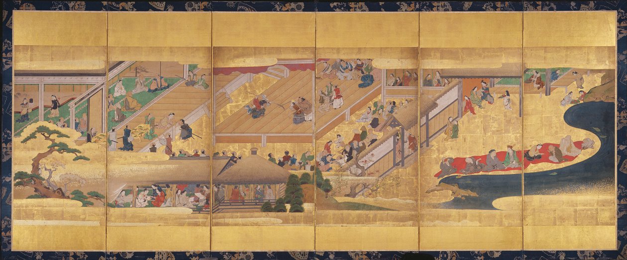 Seksfoldsskærm med Noh Play Funa-Benkei, c.1660 (farve, gofun & blæk & guld på papir) af Japanese School