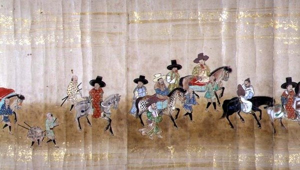 Sjette koreanske ambassade til Japan i Meireki 1 på tidspunktet for Tokugawa Ietsunas arvefølge i 1651, muligvis af Kano Masunobu (1625-94) (rullemaleri) (detaljer) af Japanese School