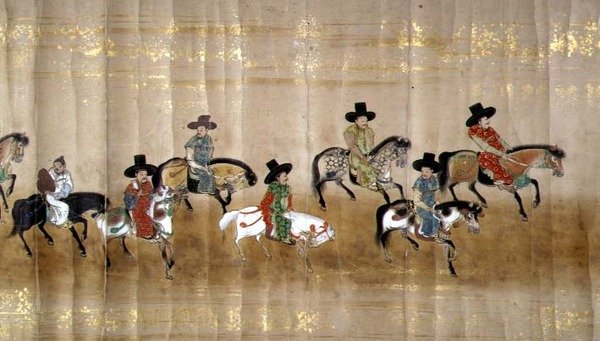Sjette koreanske ambassade til Japan i Meireki 1 på tidspunktet for Tokugawa Ietsunas tronfølge i 1651, muligvis af Kano Masunobu (1625-94) (rullemaleri) (detalje) af Japanese School