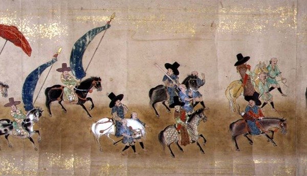 Sjette koreanske ambassade til Japan i Meireki 1 på tidspunktet for Tokugawa Ietsunas tronfølger i 1651, muligvis af Kano Masunobu (1625-94) (rullemaleri) (detalje) af Japanese School