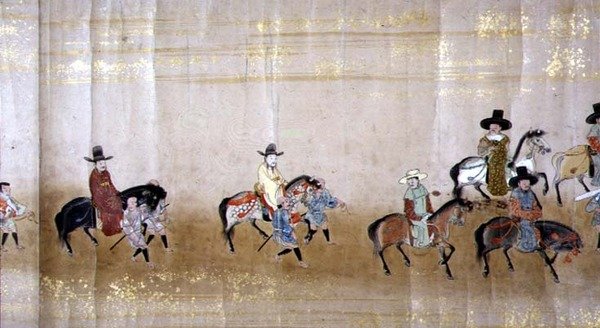 Sjette koreanske ambassade til Japan i Meireki 1 på tidspunktet for Tokugawa Ietsunas arvefølge i 1651, muligvis af Kano Masunobu (1625-94) (rullemaleri) (detaljer) af Japanese School